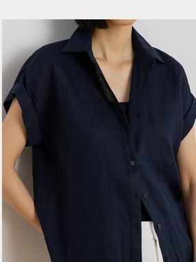Lauren Ralph Lauren Petite Linen Button Down Shirt Women’s SP Navy Relaxed Fit